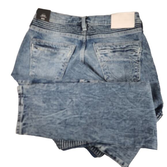 True Religion Faded Blue Jeans Rocco Moto Relaxed Skinny Paneled NEW 28 - Picture 3 of 4